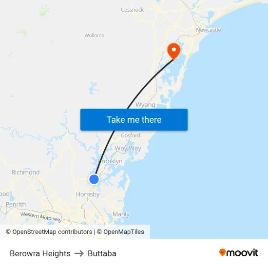 Berowra Heights to Buttaba map