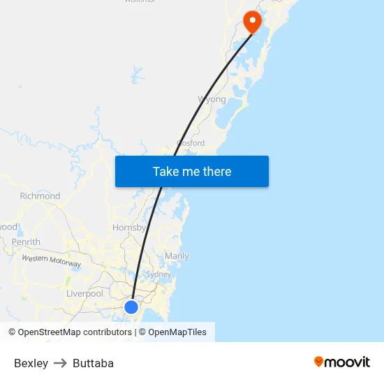 Bexley to Buttaba map