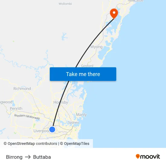 Birrong to Buttaba map