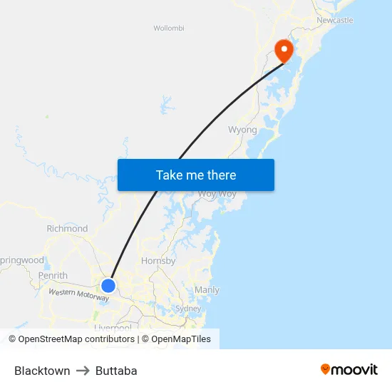 Blacktown to Buttaba map