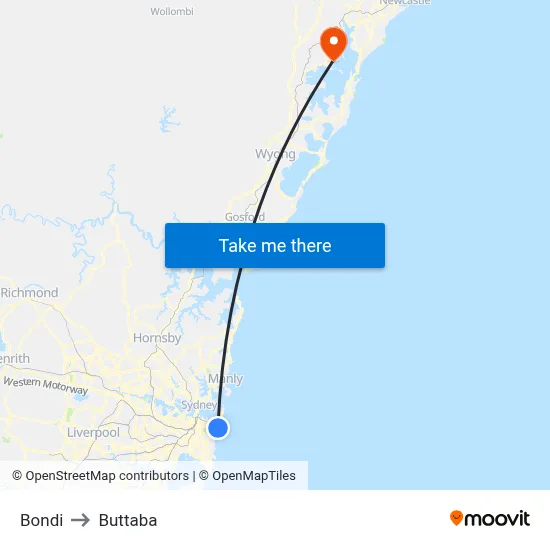 Bondi to Buttaba map