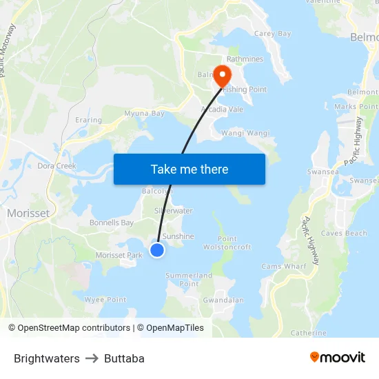 Brightwaters to Buttaba map