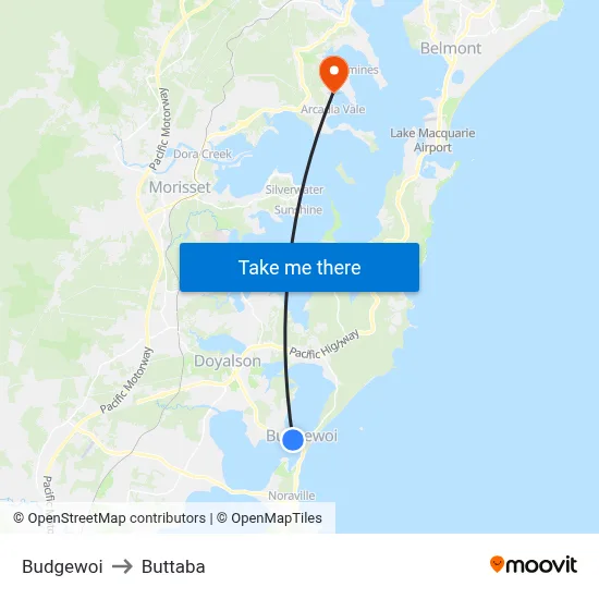 Budgewoi to Buttaba map