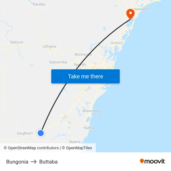 Bungonia to Buttaba map