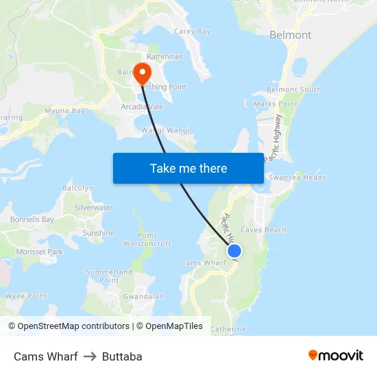 Cams Wharf to Buttaba map