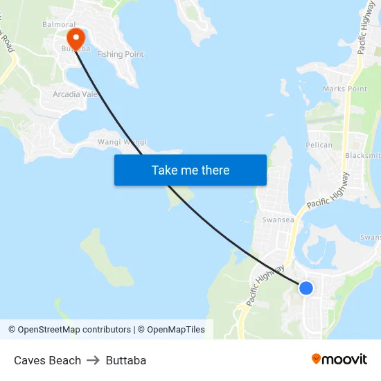 Caves Beach to Buttaba map