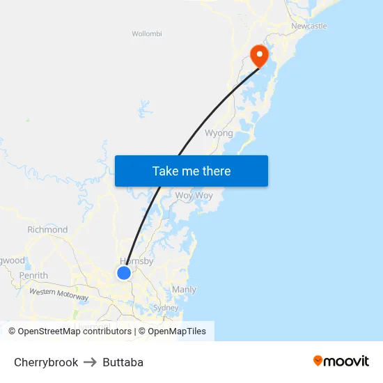 Cherrybrook to Buttaba map