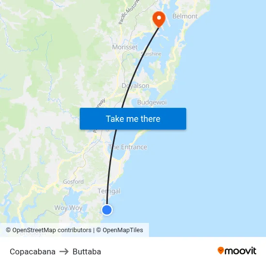 Copacabana to Buttaba map
