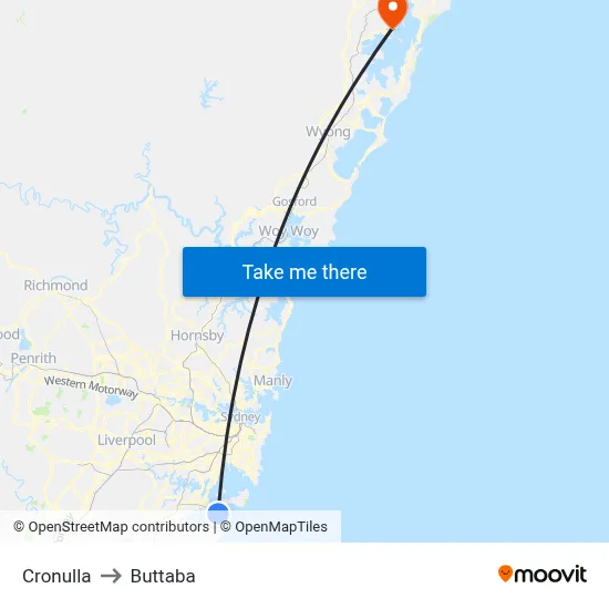 Cronulla to Buttaba map