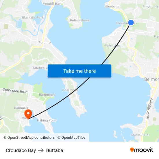 Croudace Bay to Buttaba map