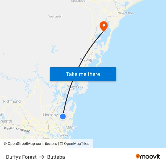 Duffys Forest to Buttaba map