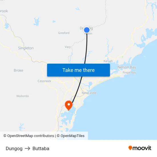 Dungog to Buttaba map