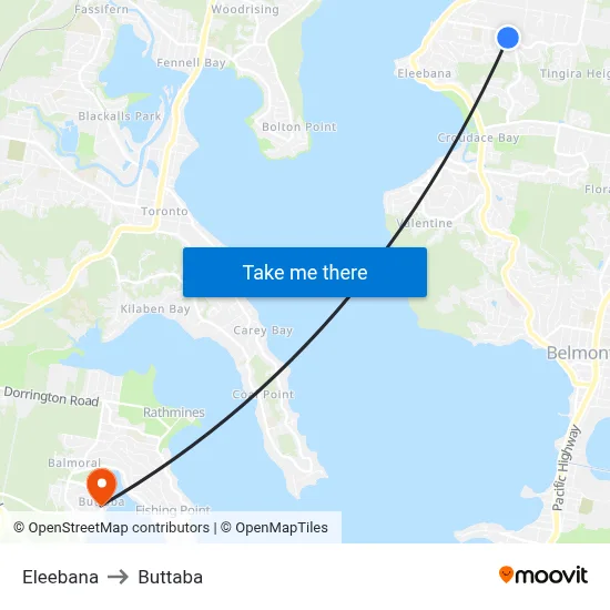Eleebana to Buttaba map
