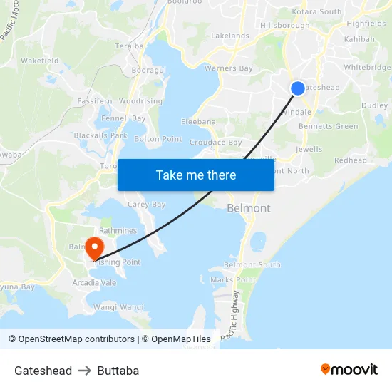 Gateshead to Buttaba map
