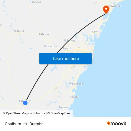 Goulburn to Buttaba map