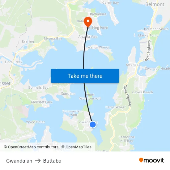 Gwandalan to Buttaba map