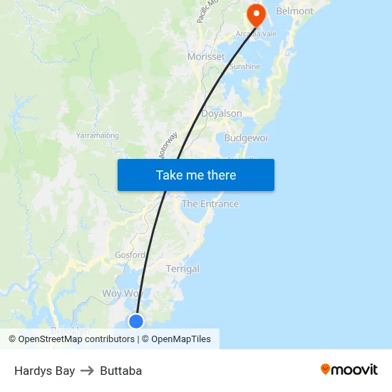 Hardys Bay to Buttaba map