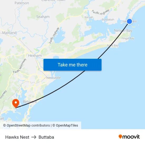Hawks Nest to Buttaba map