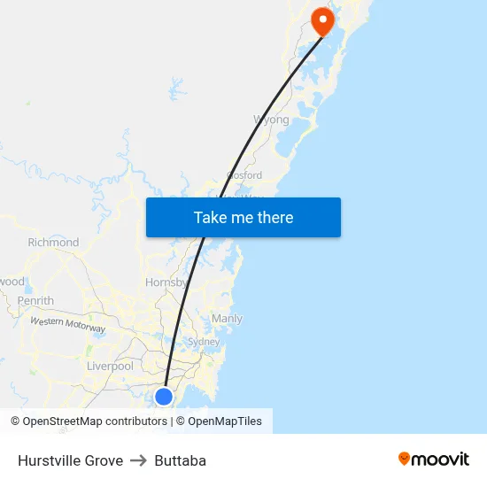 Hurstville Grove to Buttaba map