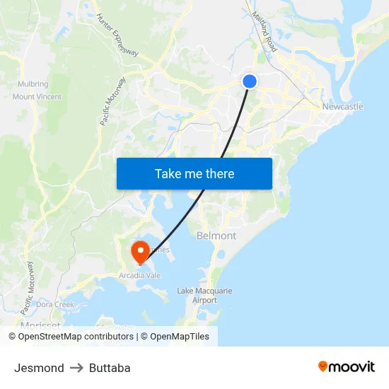 Jesmond to Buttaba map