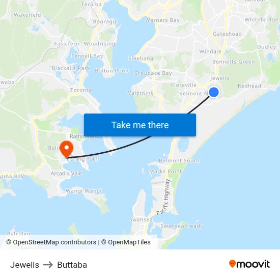 Jewells to Buttaba map