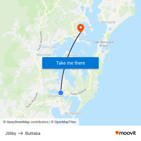 Jilliby to Buttaba map