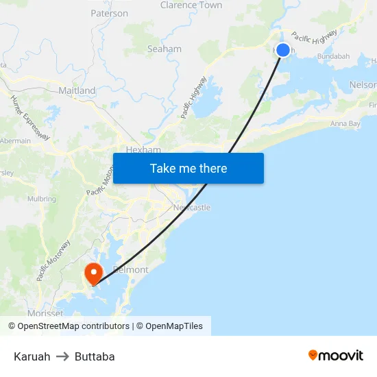 Karuah to Buttaba map