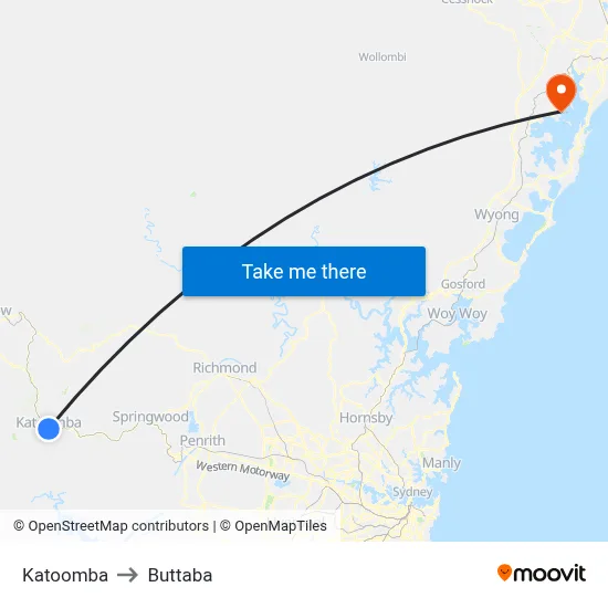 Katoomba to Buttaba map