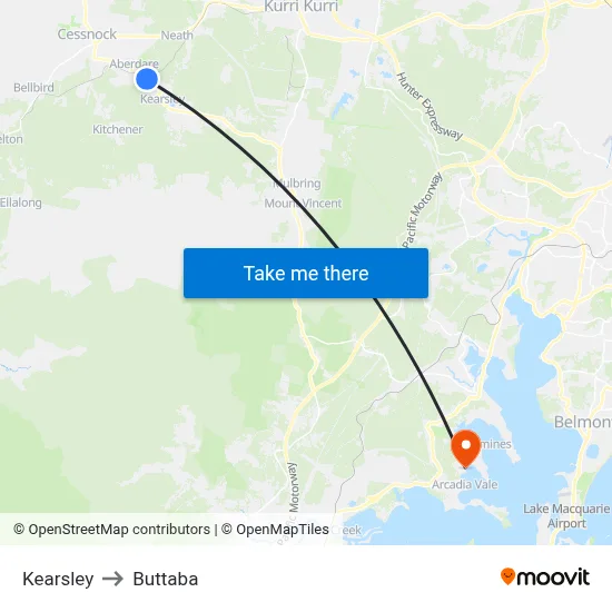 Kearsley to Buttaba map