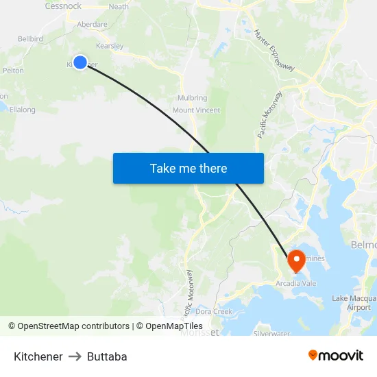 Kitchener to Buttaba map