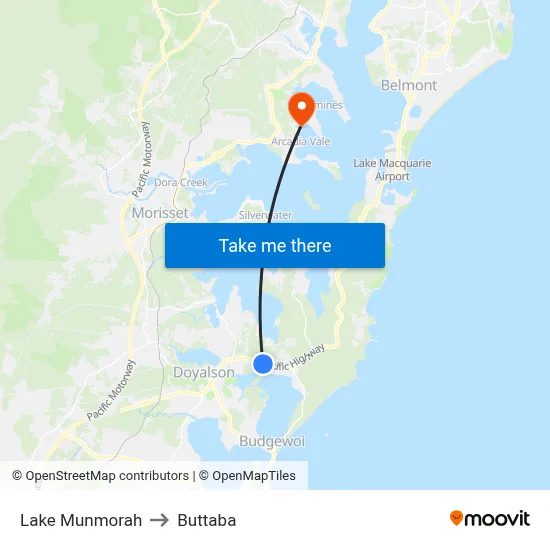 Lake Munmorah to Buttaba map