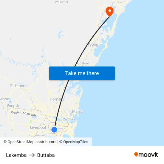 Lakemba to Buttaba map