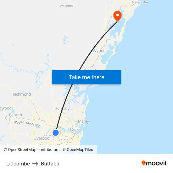 Lidcombe to Buttaba map