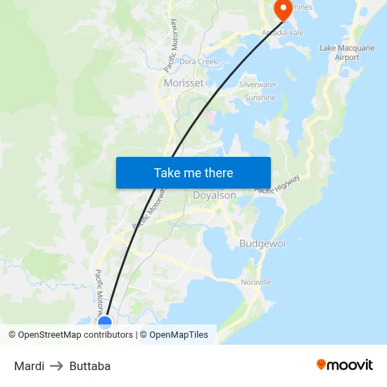 Mardi to Buttaba map