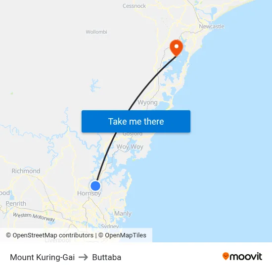 Mount Kuring-Gai to Buttaba map