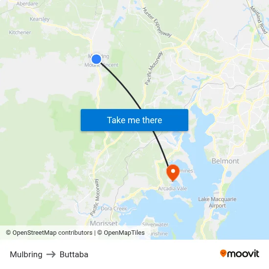 Mulbring to Buttaba map