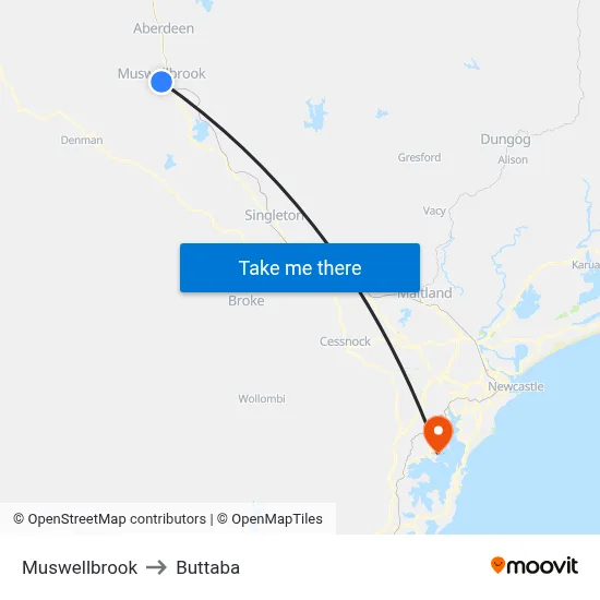 Muswellbrook to Buttaba map