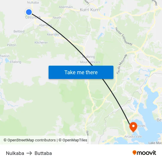 Nulkaba to Buttaba map