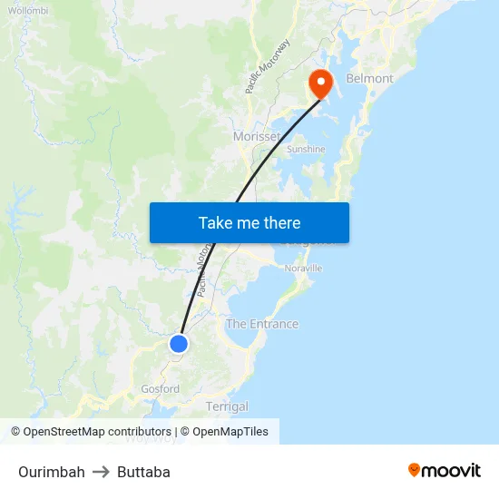 Ourimbah to Buttaba map