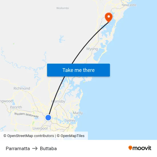 Parramatta to Buttaba map