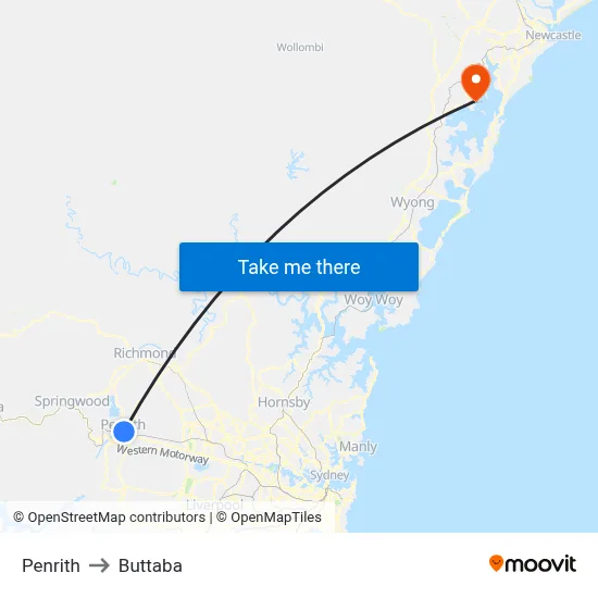 Penrith to Buttaba map