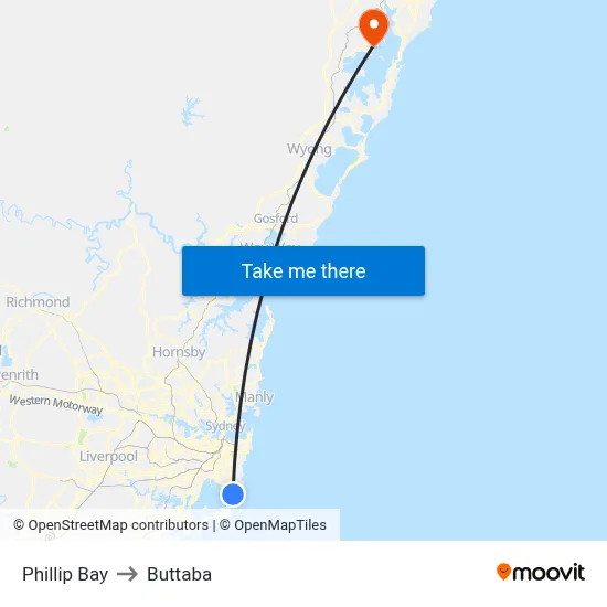Phillip Bay to Buttaba map