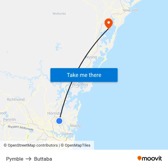 Pymble to Buttaba map