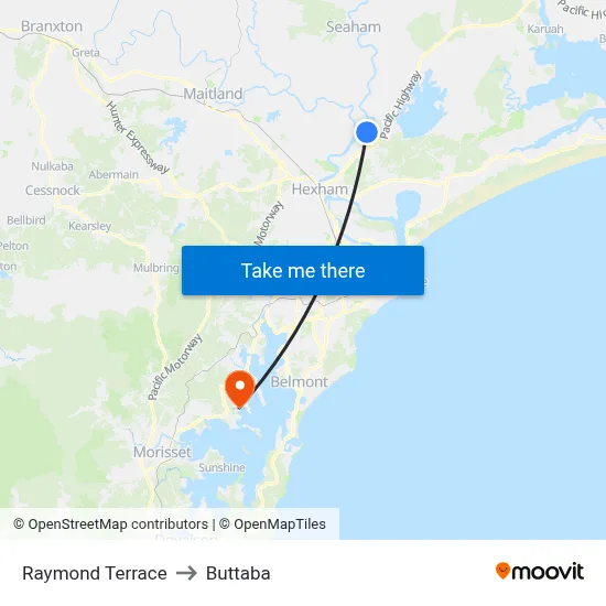 Raymond Terrace to Buttaba map