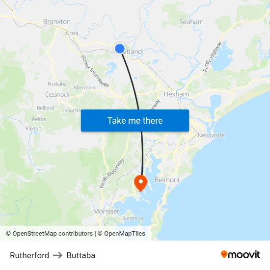 Rutherford to Buttaba map