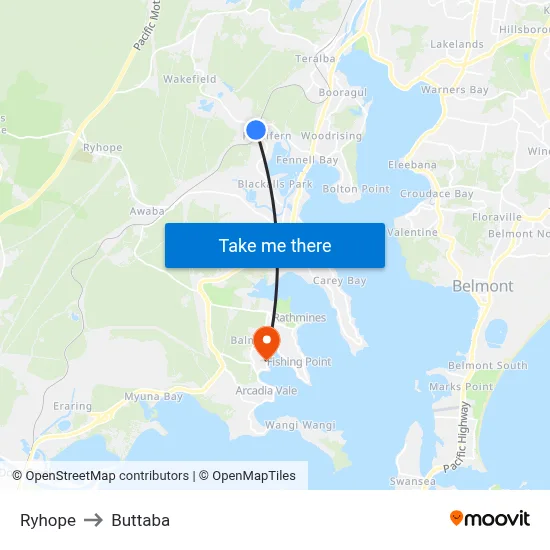 Ryhope to Buttaba map