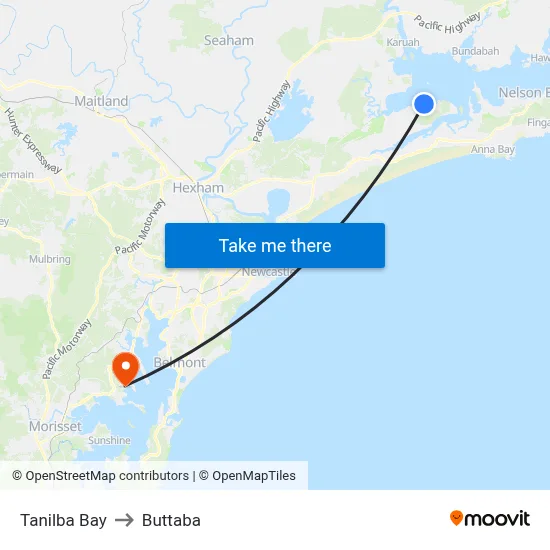Tanilba Bay to Buttaba map
