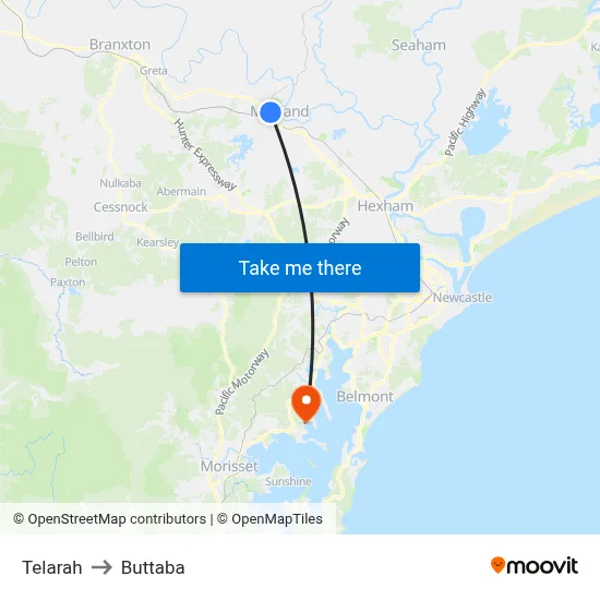 Telarah to Buttaba map