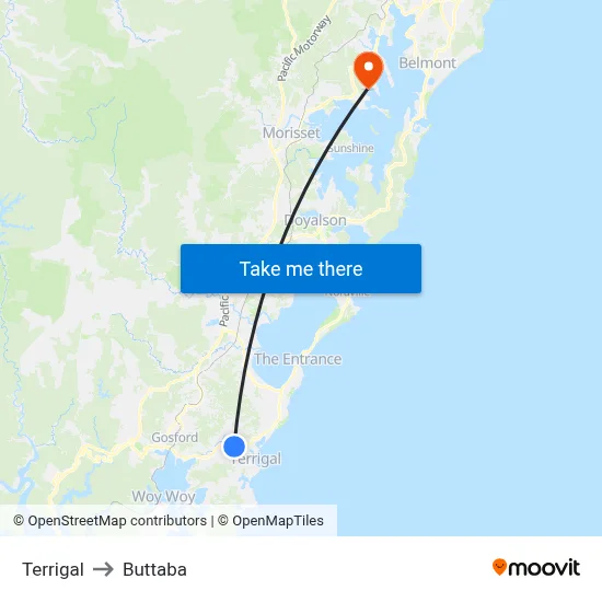Terrigal to Buttaba map