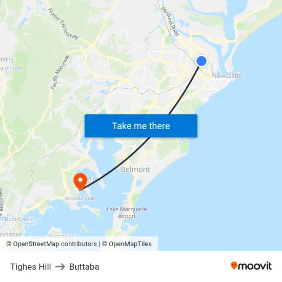 Tighes Hill to Buttaba map